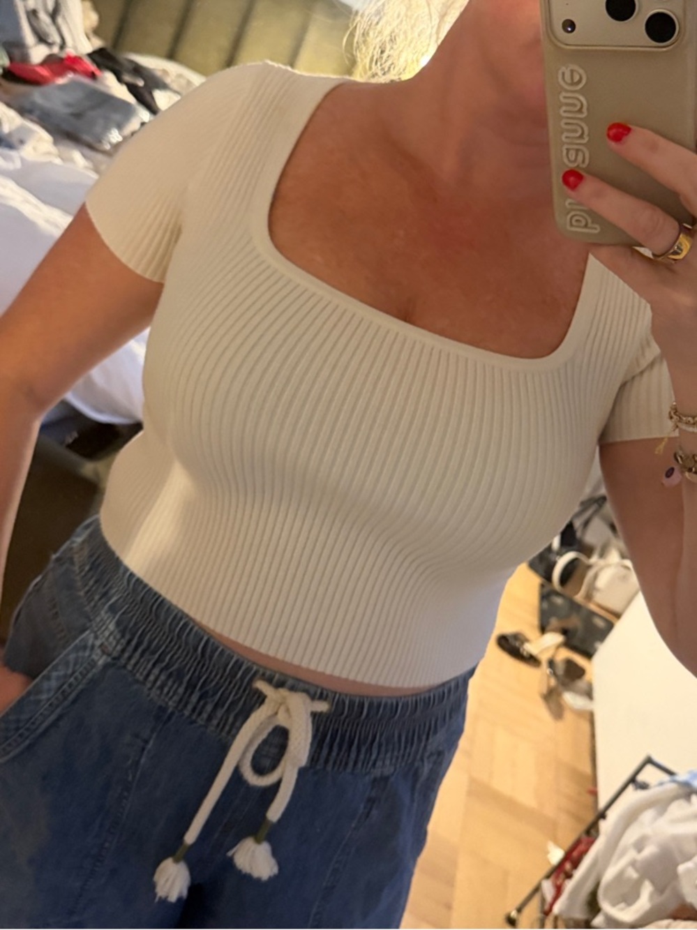Madewell Cream Ribbed Square-Neck Short Sleeve Crop Top